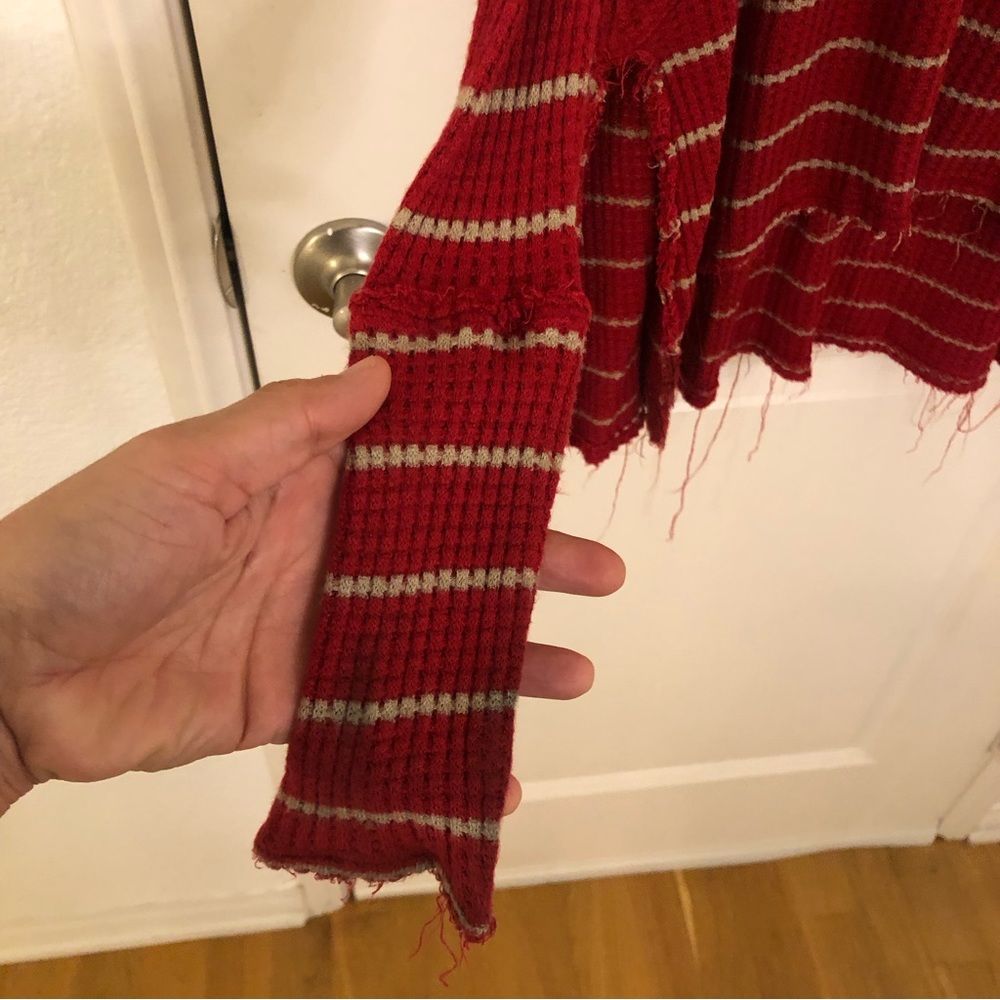Free People Sunset Park Striped Thermal waffle Red Oversized XS Raw distressed - Picture 6 of 14